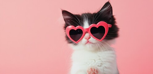 A black-and-white kitten wearing vibrant red heart-shaped sunglasses poses against a soft pastel pink background. Ideal for Valentine's Day promotions, playful designs, and pet-related projects