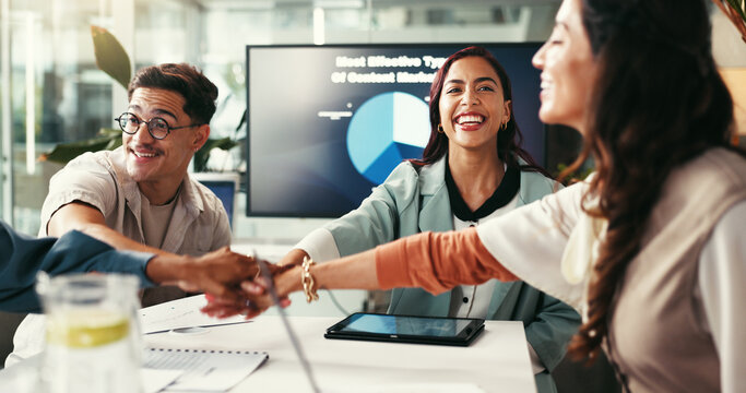 Collaboration, meeting and success with business people in office together for planning or project management. Documents, hands stack and motivation with employee team in agency workplace for unity