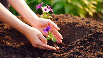 A woman is planting flowering petunia seedlings. Gardening and landscaping work on the neat flower bed in spring.