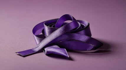 Purple awareness ribbon on the desk. Pancreatic cancer