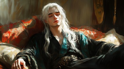 Obraz premium White-haired man resting on luxurious sofa fantasy portrait