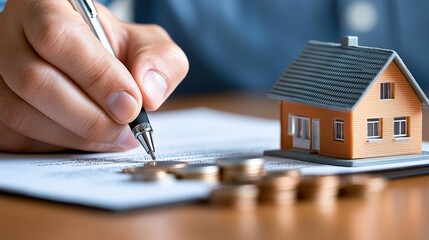 A person signing a document with a miniature house and coins on the table.