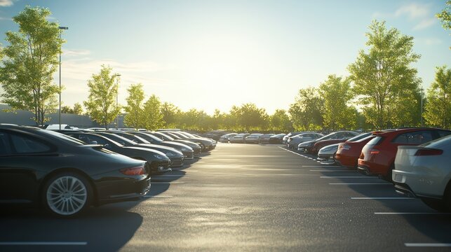 Modern car dealership with a large parking area filled with brand-new vehicles, spotless and neatly arranged under bright sunlight