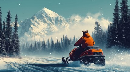 Bear riding snowmobile in winter mountains