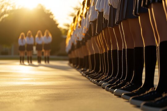 A row of students stands at attention, hands behind their backs, as the national anthem begins
