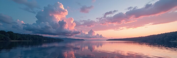 Naklejka premium Soft grey clouds gather over lake horizon at dusk, serene, peaceful, twilight