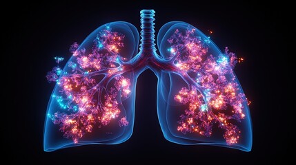 An artistic X-ray of human lungs glowing with vibrant surreal light effects
