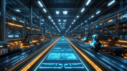 Obraz premium Futuristic Factory Corridor With Blue And Orange Lighting