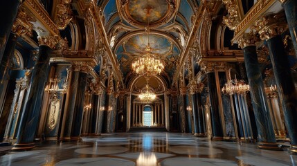 Fototapeta premium Opulent Gold And Blue Hallway Interior Design