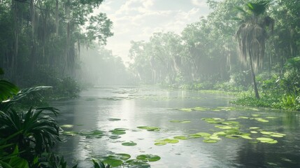 Fototapeta premium Misty Swamp River Landscape With Lush Green Vegetation