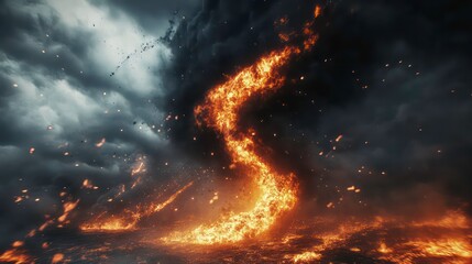 Fire tornado, bright explosion with black clouds, smoke. Fire wall, intense fuel burning. 3D rendering