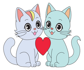 A charming cartoon illustration of a couple of adorable cats sharing a heart. cat with heart. Cartoon of Two Cats Sharing a Heart. 