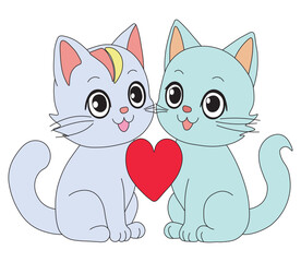 A charming cartoon illustration of a couple of adorable cats sharing a heart. cat with heart. Cartoon of Two Cats Sharing a Heart. 