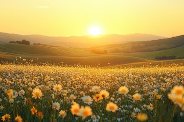 Fototapeta premium Golden sunrise over rolling hills covered with wildflowers, casting a warm, glowing light across the landscape