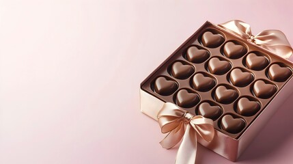 Obraz premium Heart-shaped Chocolate Box with Elegant Ribbon on Soft Pink Background