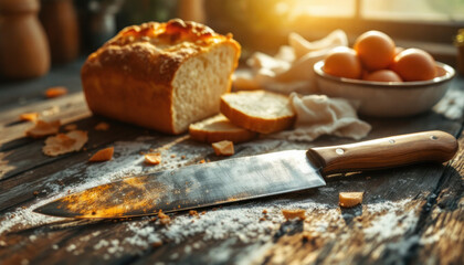 Rustic kitchen scene with bread knife and eggs