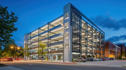 Obraz premium Multi-level car parking structure with modern lighting, clear signage, and a vibrant urban background
