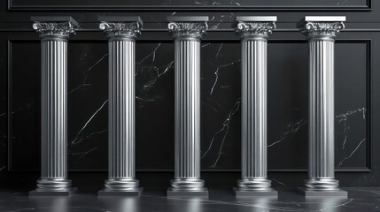 Five silver pillars against black wall background. 3d illustration