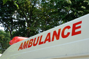 Ambulance font on vehicle, emergency car for medics