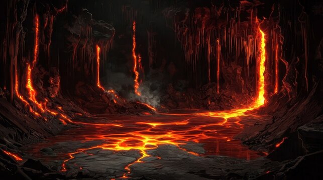 A vivid subterranean chamber showcases molten lava and ornate stalactites.