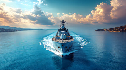A large navy ship is sailing through the ocean with smoke coming out of its bow. The ship is surrounded by a blue sky and the water is calm