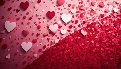 Valentine's Day Heart Background: A romantic and festive background with a scattered array of red and pink paper hearts, symbolizing love, romance, and affection. perfect for Valentine's Day cards.