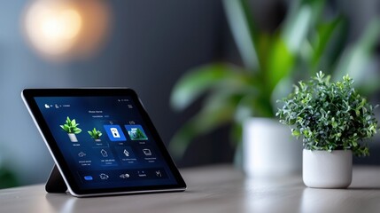A tablet showcasing modern apps alongside a potted plant in a stylish setting.