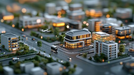 A vibrant cityscape featuring modern buildings and busy streets with glowing lights.