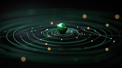 A vibrant green sphere surrounded by circular lines and dots representing motion.