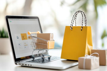 A laptop screen shows a shopping cart with boxes on it and a yellow shopping bag