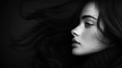 Fototapeta premium Woman profile in black and white with flowing hair