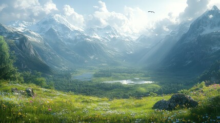 Fototapeta premium Majestic Alpine Meadow: A Serene Mountain Vista