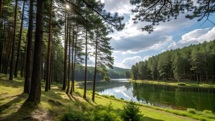 Obraz premium Scenic Landscape of a Serene Pine Forest and a Tranquil Lakeside Reservoir