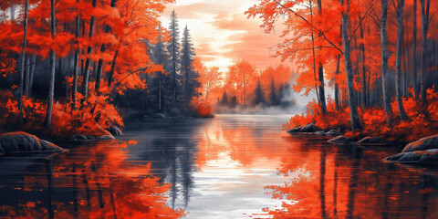 Red and orange autumn trees by the river