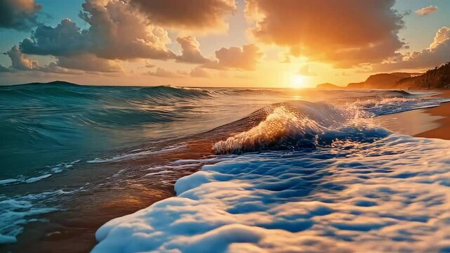 A vibrant sunset paints the sky with warm colors as waves crash against a golden beach, summer background.