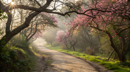 Naklejka premium Serene Misty Forest Pathway with Pink Blossoms and Soft Sunlight, Tranquil Path Through Misty Forest with Pink Blossoms and Sunlight, Misty Forest Path with Vibrant Blossoms, Green Grass & Sunlight