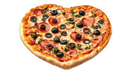 Delicious heart shaped pizza with pepperoni, broccoli and black olives on transparent background