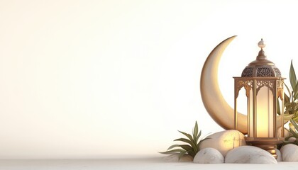 Illuminated Ramadan Lantern with Crescent Moon and Plants Peaceful Festive Background
