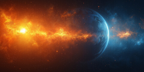 Fototapeta premium Space collision with Earth and fiery cosmic energy