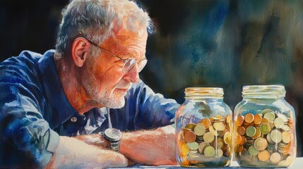 Retirement healthcare financial planningใ A thoughtful man examines jars filled with coins.