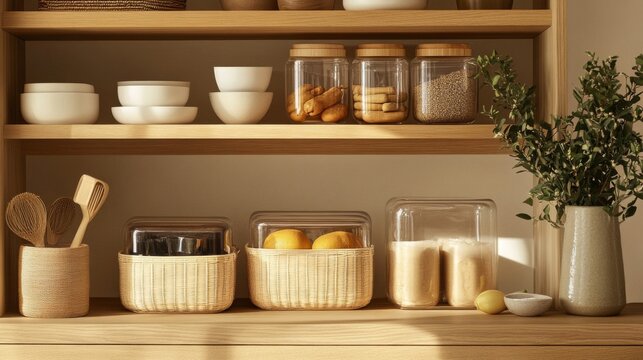 Organized Kitchen Pantry with Natural Light and Wooden Shelves