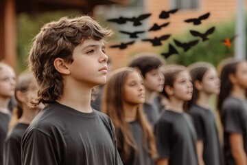 Fototapeta premium The schoolyard is filled with students standing in rows, their eyes focused ahead