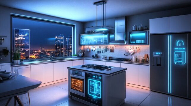 Modern Smart Kitchen with City Night View