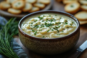 Creamy Potato Soup with Chives and Bread Slices on Rustic Wooden Table Setting
