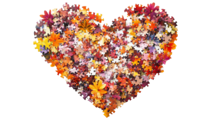 Heart shaped autumn puzzle pieces forming a floral pattern on transparent background