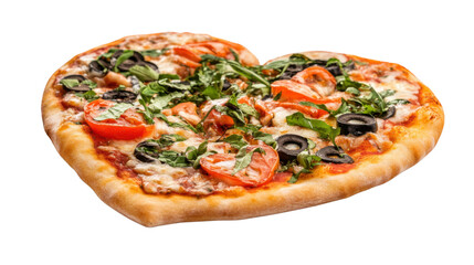 Delicious heart shaped pizza with tomatoes, basil, and black olives on transparent background