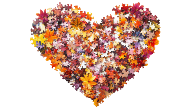Heart shaped autumn puzzle pieces forming a floral pattern on transparent background