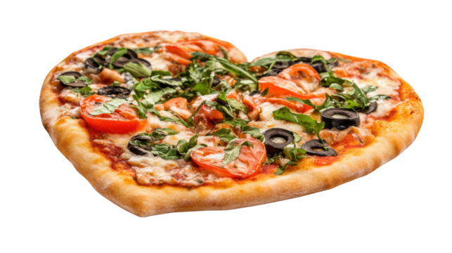 Delicious heart shaped pizza with tomatoes, basil, and black olives on transparent background