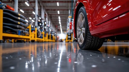 Fototapeta premium Close-up of a car wheel in a modern automotive manufacturing facility.