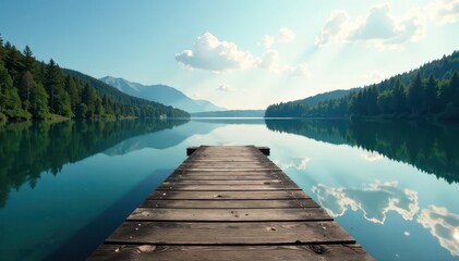 Wooden dock gently swaying above the lake's surface, reflection, serenity